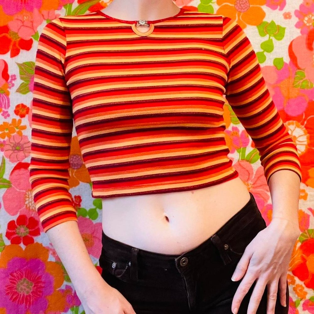 Vintage y2k orange and yellow glitter stripe long sleeve baby tee with keyhole